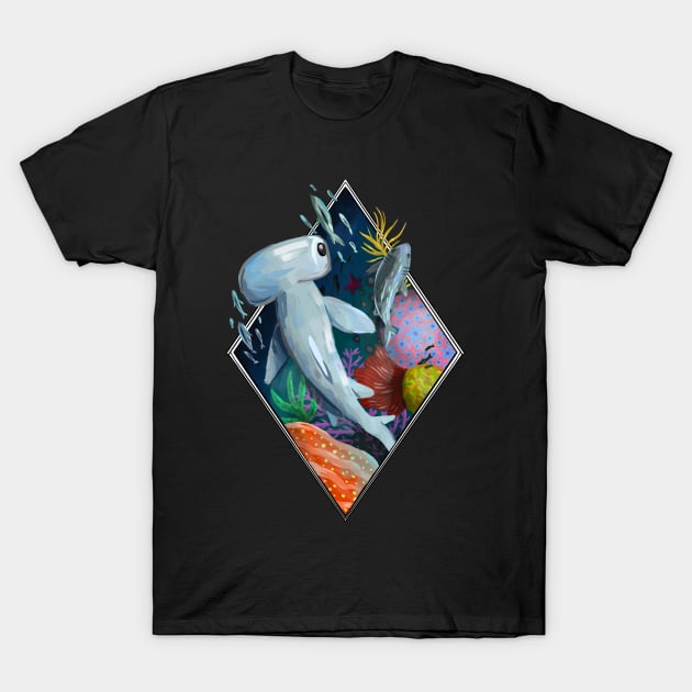 Hammerhead Shark Swimming over Coral Reef T-Shirt by narwhalwall